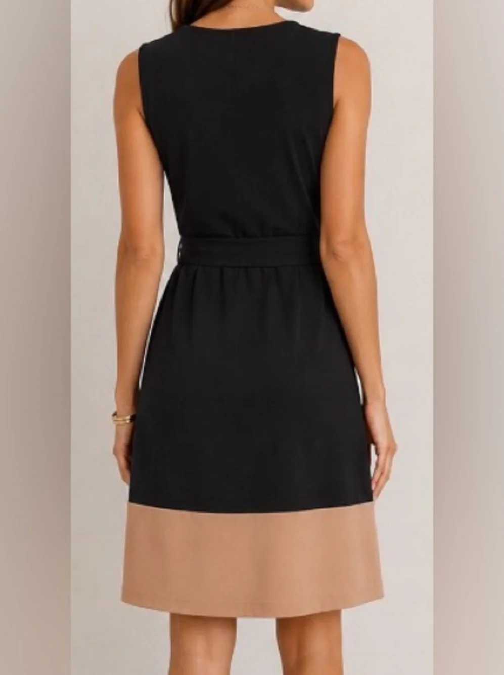ANN TAYLOR Black and Tan Color Block Belted A-Line Tank Dress Size 2P